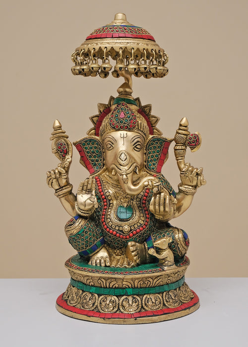 16" Handmade Brass Ganesha King Statue with Inlay Work