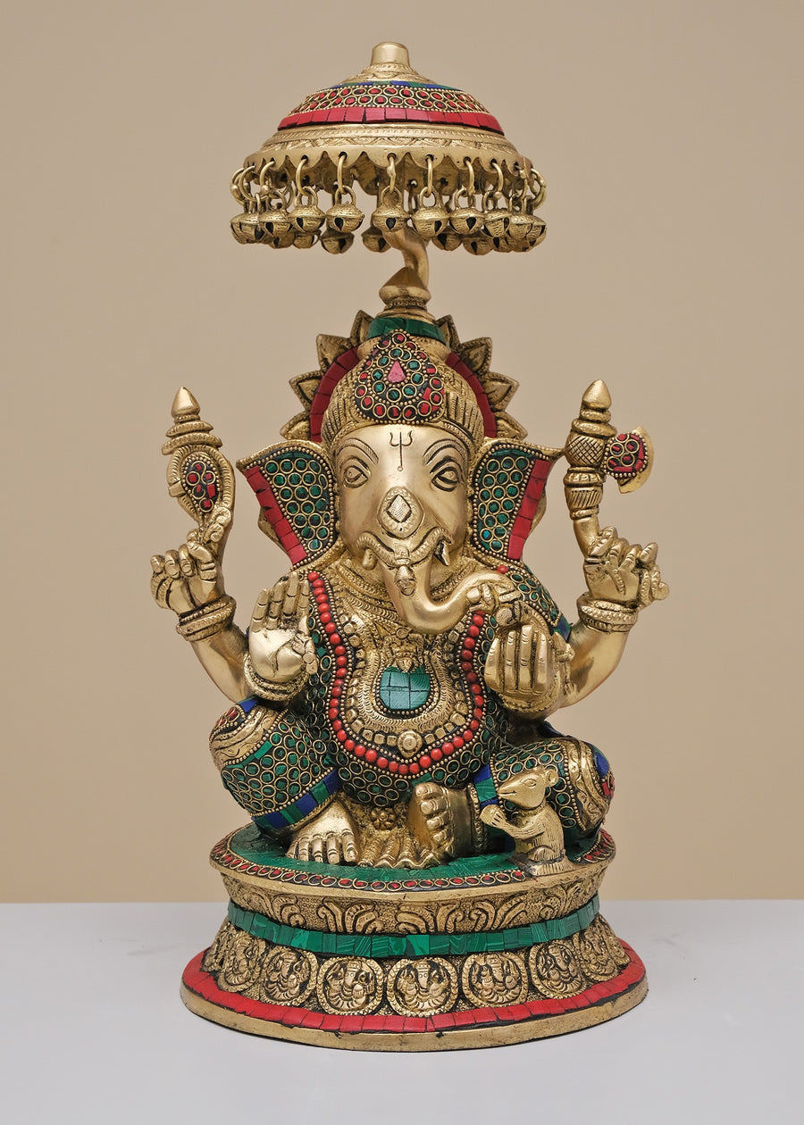 16" Handmade Brass Ganesha King Statue with Inlay Work