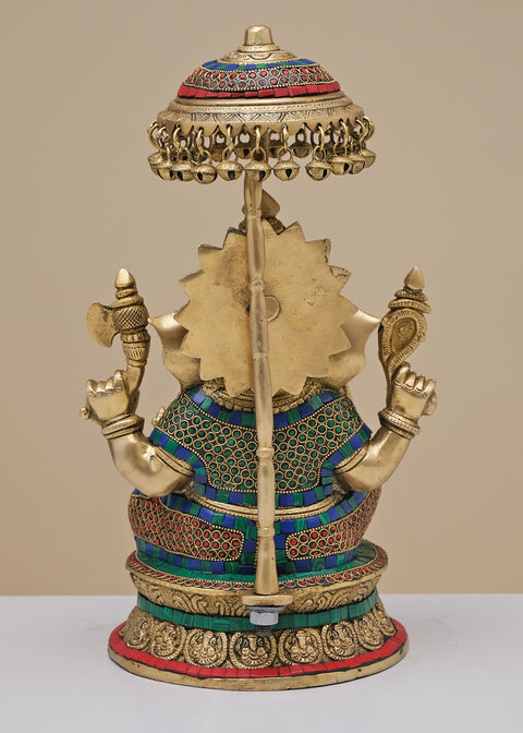 16" Brass King Ganesha with Inlay Work | Handmade