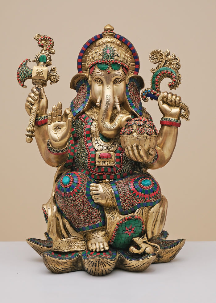 24" Handmade Brass Lord Ganesha Seated Statue with Lotus Inlay