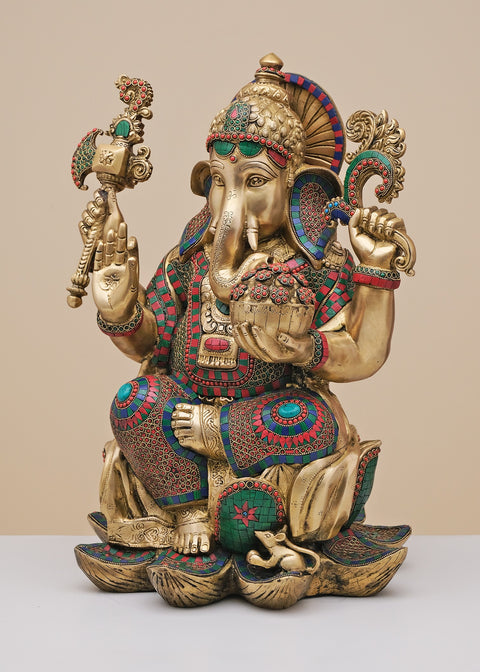24" Brass Lord Ganesha Seated on Lotus with Inlay Work | Handmade