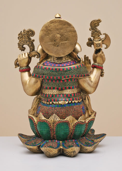 24" Brass Lord Ganesha Seated on Lotus with Inlay Work | Handmade