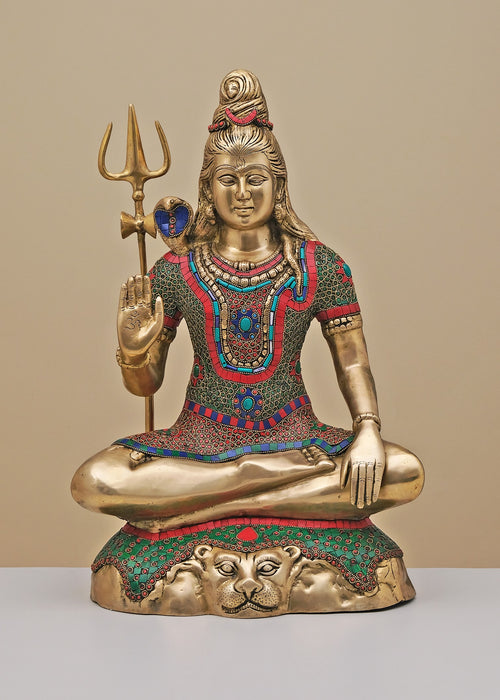 21" Brass Lord Shiva Seated Mountain Handmade Statue with Inlay Work