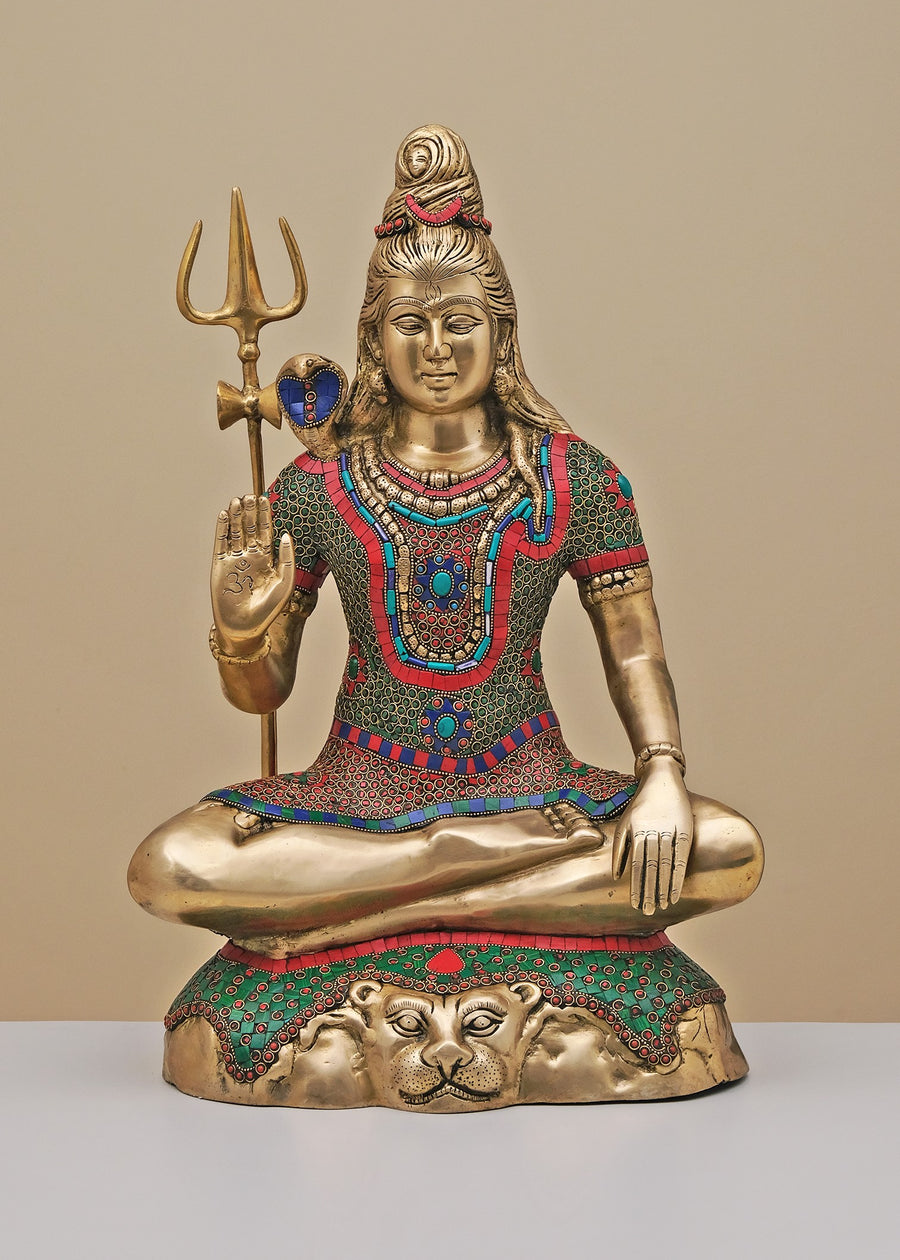 21" Brass Lord Shiva Seated Mountain Handmade Statue with Inlay Work