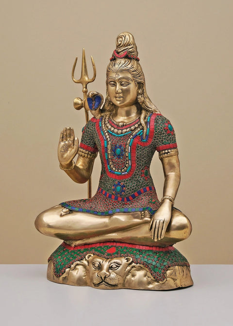 21" Brass Blessing Lord Shiva Seated on a Mountain with Inlay Work | Handmade