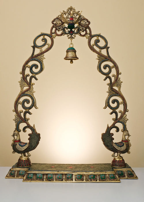 45" Large Brass Peacock Arch with Bell Handmade Statue