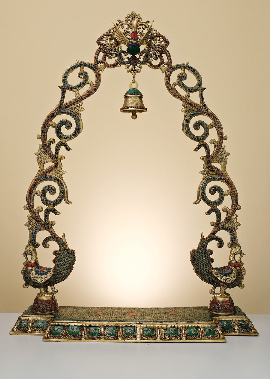 45" Large Brass Peacock Arch with Bell Handmade Statue