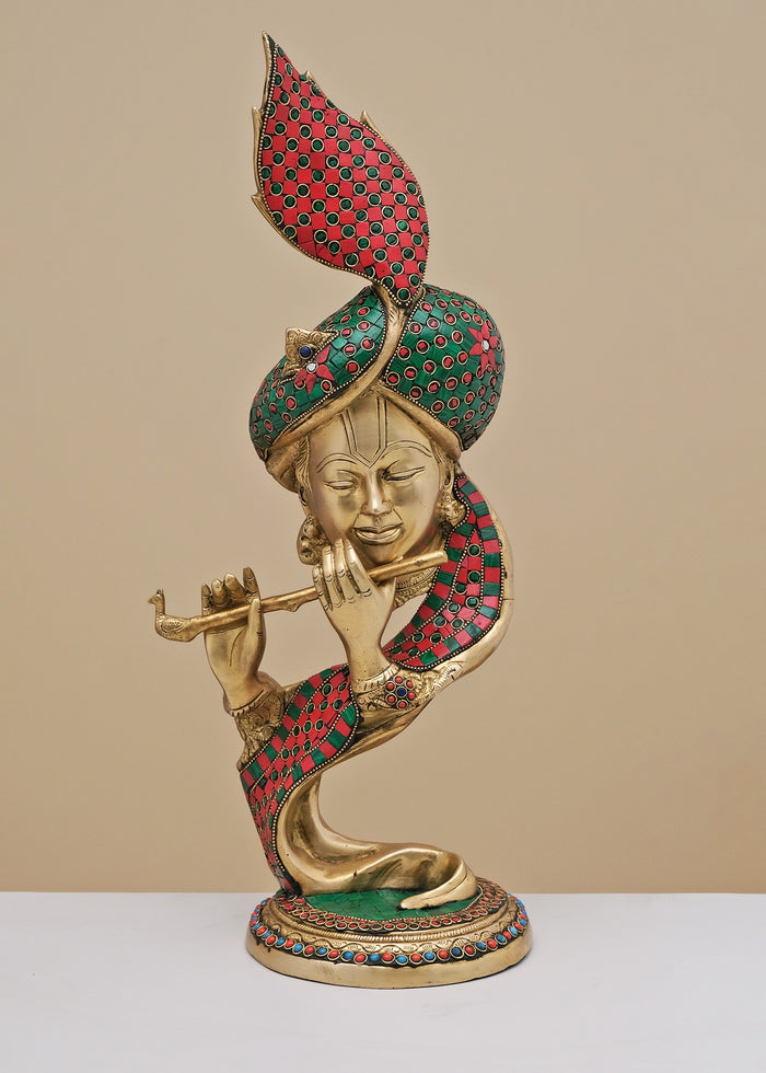 20" Modern Krishna Brass Statue with Inlay Work Handmade