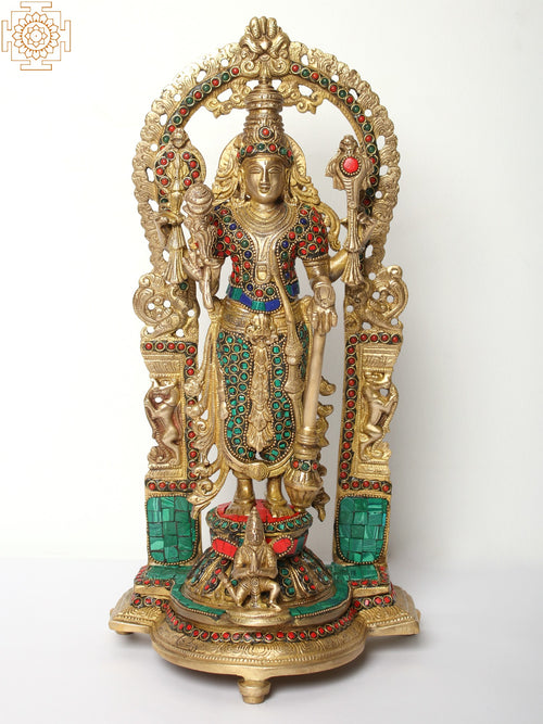 15" Handmade Brass Lord Vishnu Statue with Inlay Work