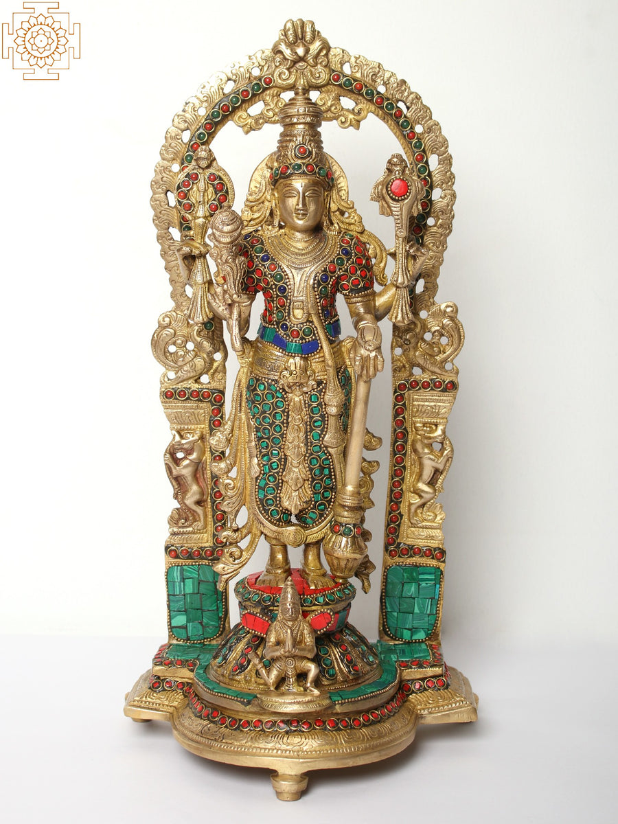 15" Handmade Brass Lord Vishnu Statue with Inlay Work