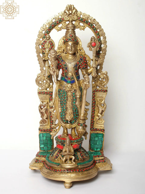 15" Brass Lord Vishnu with Inlay Work | Handmade