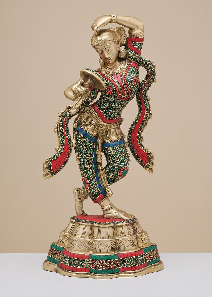 Handmade Brass Mirror Lady Statue with Inlay Work