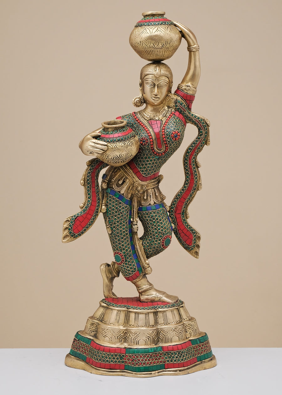 26" Handmade Brass Lady with Pot Statue