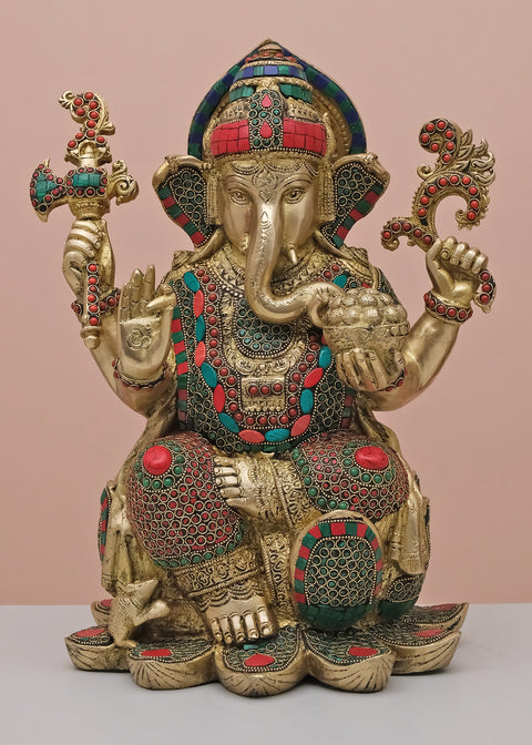 16" Brass Lord Ganesha Seated on Lotus with Inlay Work | Handmade