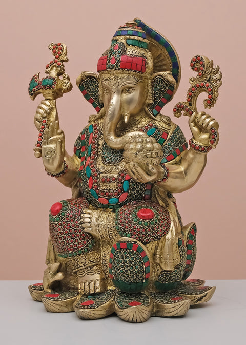 16" Brass Lord Ganesha Seated on Lotus with Inlay Work | Handmade