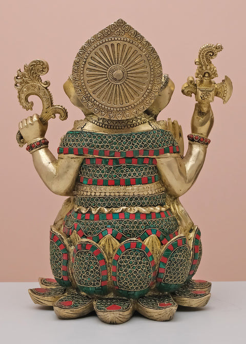 16" Brass Lord Ganesha Seated on Lotus with Inlay Work | Handmade
