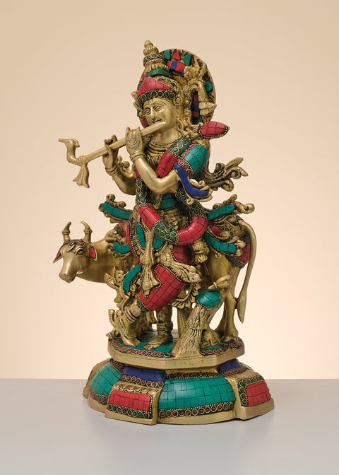 15" Brass Fluting Krishna with His Cow | Handmade