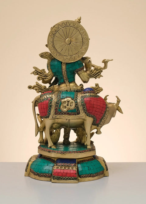 15" Brass Fluting Krishna with His Cow | Handmade