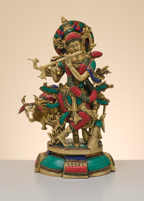 15" Handmade Brass Krishna with Cow Statue