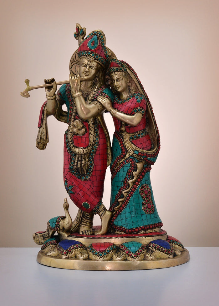 16" Brass Radha Krishna Statue with Inlay Work Handmade