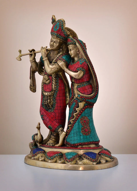 16" Brass Radha Krishna with Inlay Work | Handmade