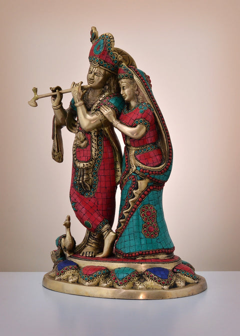 16" Brass Radha Krishna with Inlay Work | Handmade