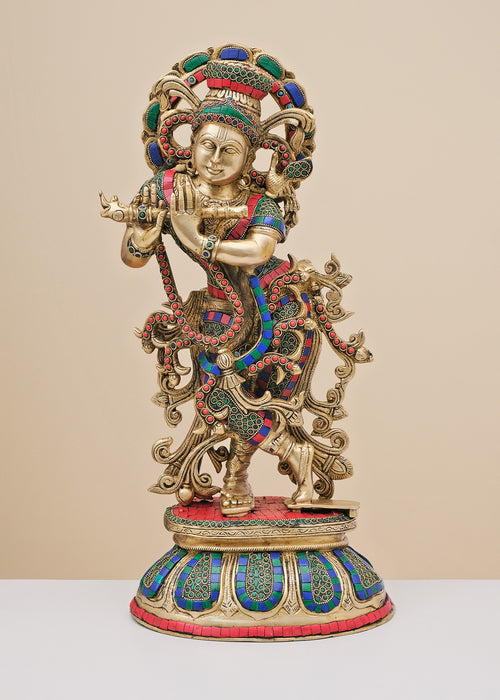 22" Brass Krishna with Flute Handmade Statue Inlay Work
