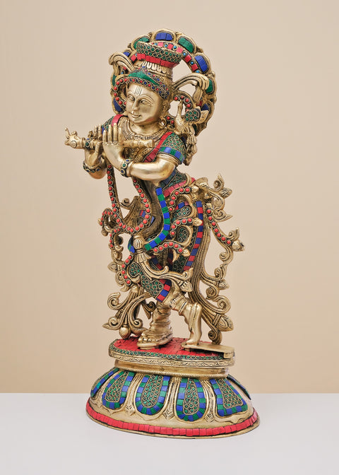 22" Brass Fluting Krishna with Inlay Work | Handmade