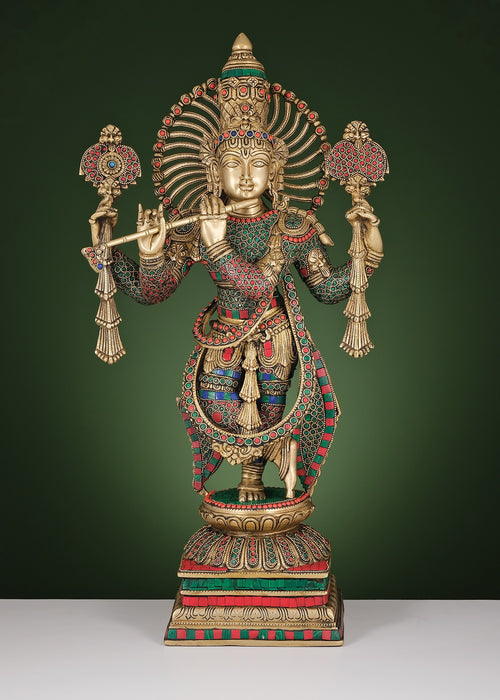 24" Brass Krishna Statue with Flute and Vaishnava Symbol