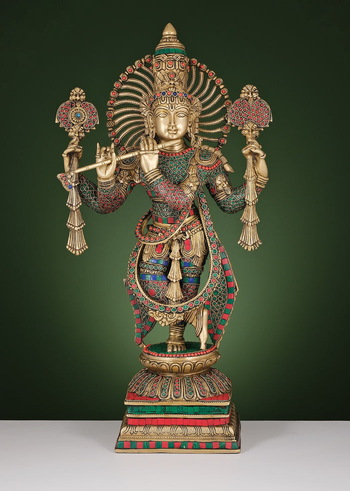 24" Brass Krishna Statue with Flute and Vaishnava Symbol