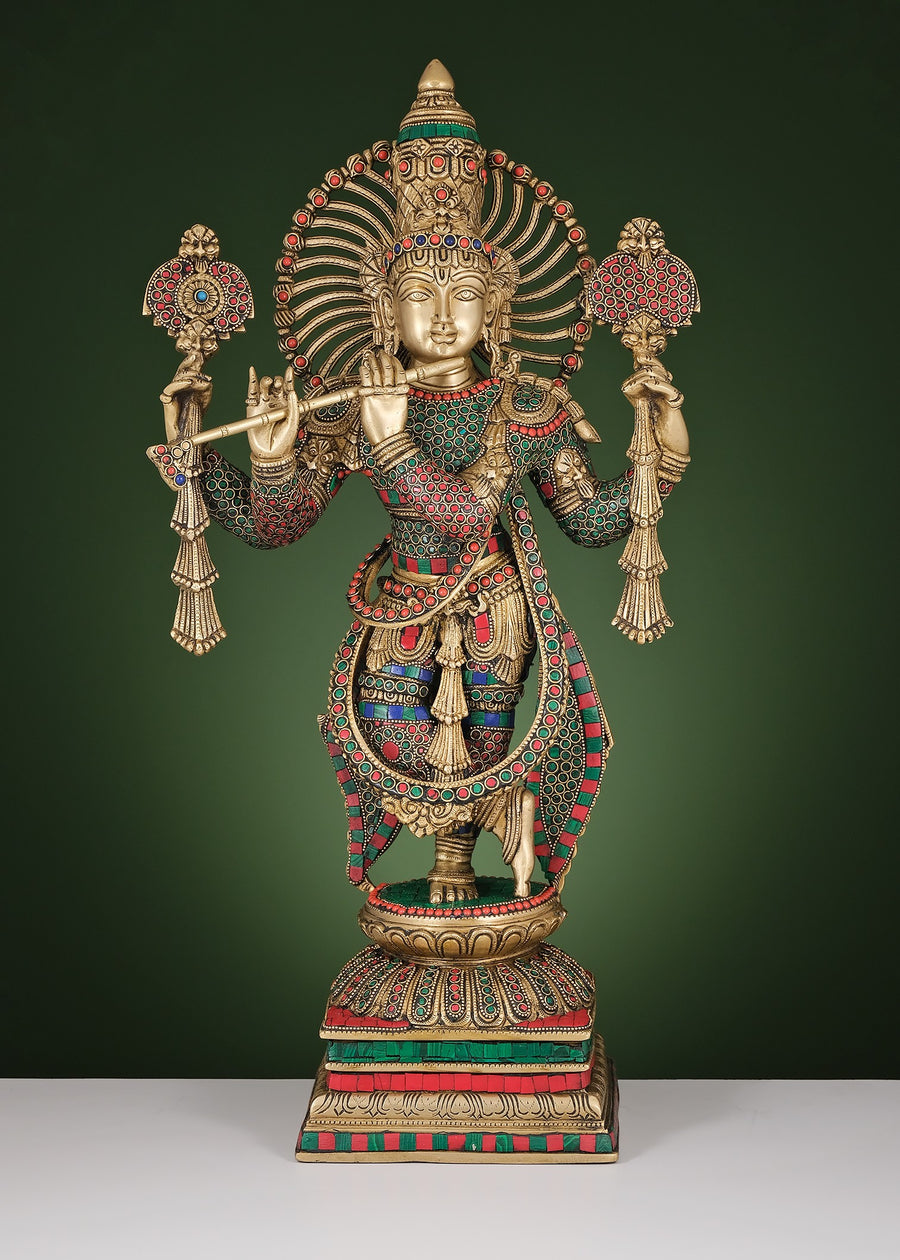 24" Brass Krishna Statue with Flute and Vaishnava Symbol