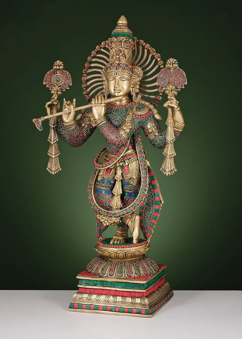 24" Brass Fluting Krishna with Vaishnava Symbol | Handmade