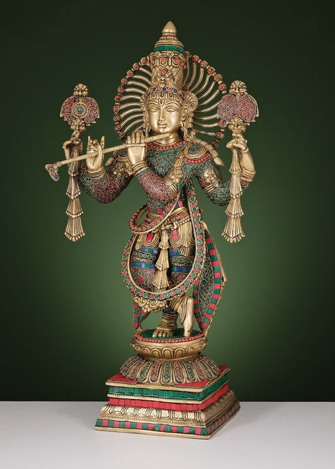 24" Brass Fluting Krishna with Vaishnava Symbol | Handmade