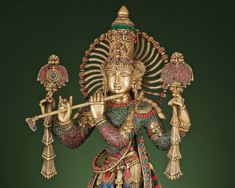 24" Brass Fluting Krishna with Vaishnava Symbol | Handmade