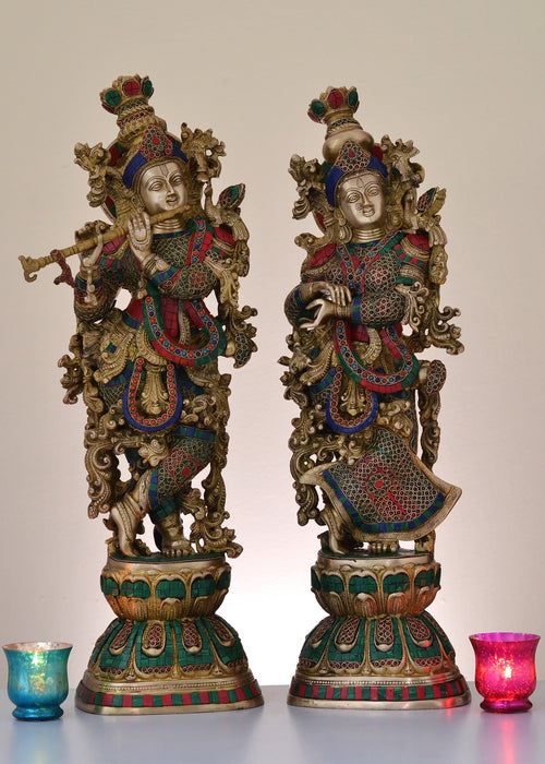 29" Handmade Brass Radha Krishna Pair Statue with Inlay Work