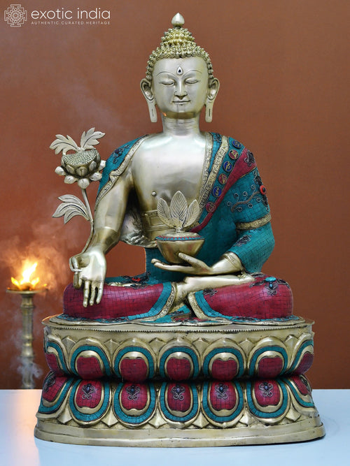 38" Large Brass Medicine Buddha Statue with Handmade Inlay Work