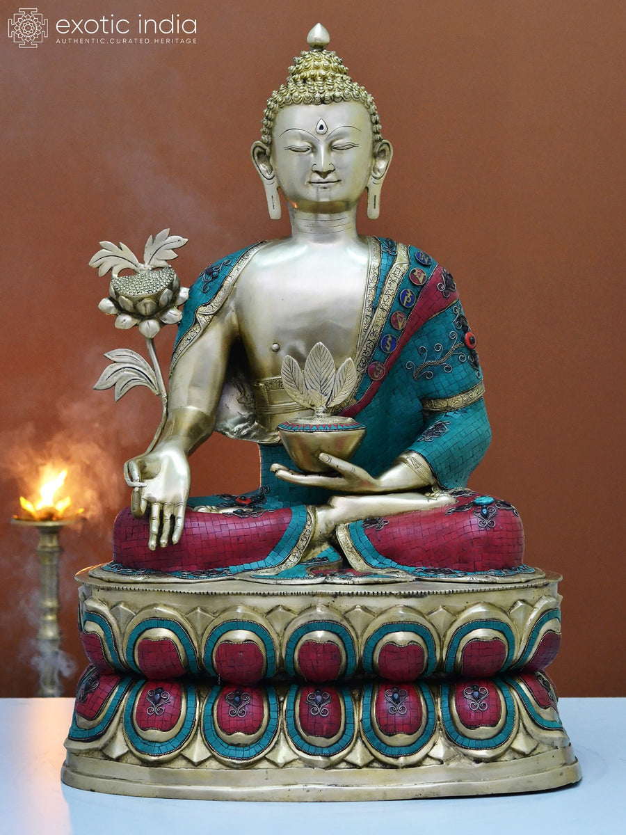 38" Large Brass Medicine Buddha Statue with Handmade Inlay Work
