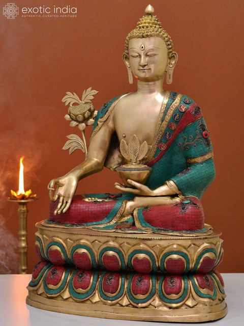 38" Large Brass Medicine Buddha with Inlay Work | Handmade