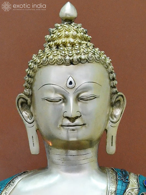 38" Large Brass Medicine Buddha with Inlay Work | Handmade