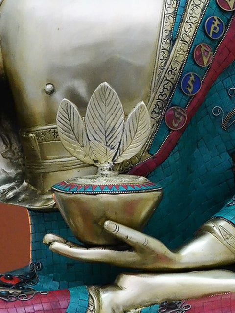 38" Large Brass Medicine Buddha with Inlay Work | Handmade