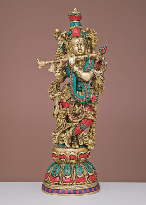 20" Handmade Brass Krishna with Inlay Work Statue