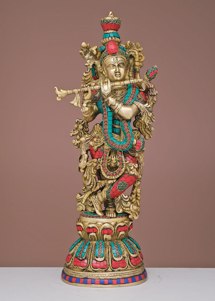 20" Handmade Brass Krishna with Inlay Work Statue