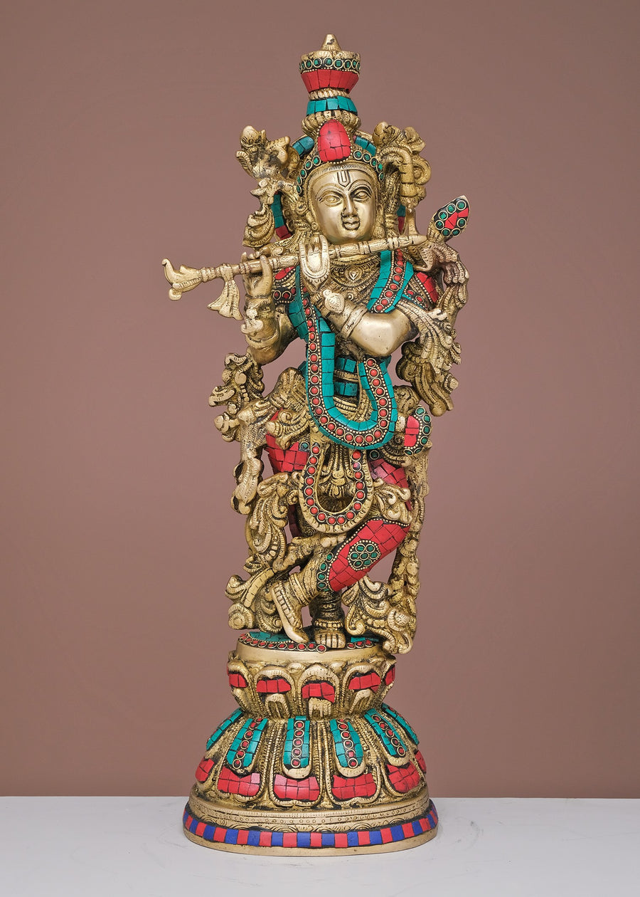 20" Handmade Brass Krishna with Inlay Work Statue