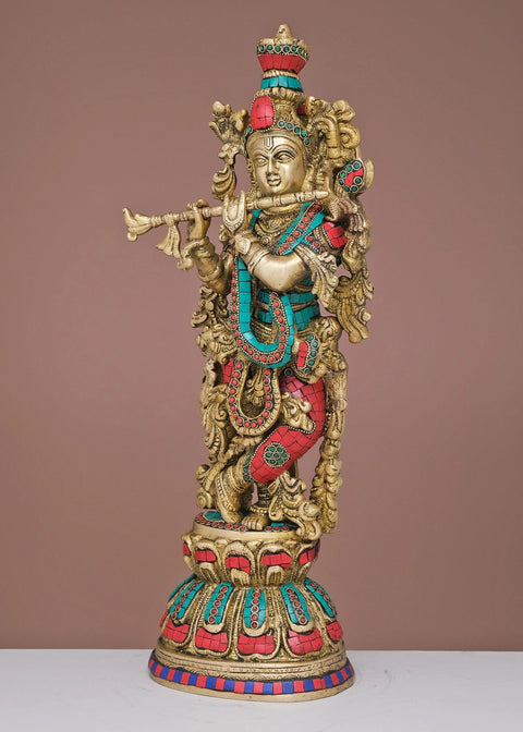 20" Brass Fluting Krishna with Inlay Work | Handmade
