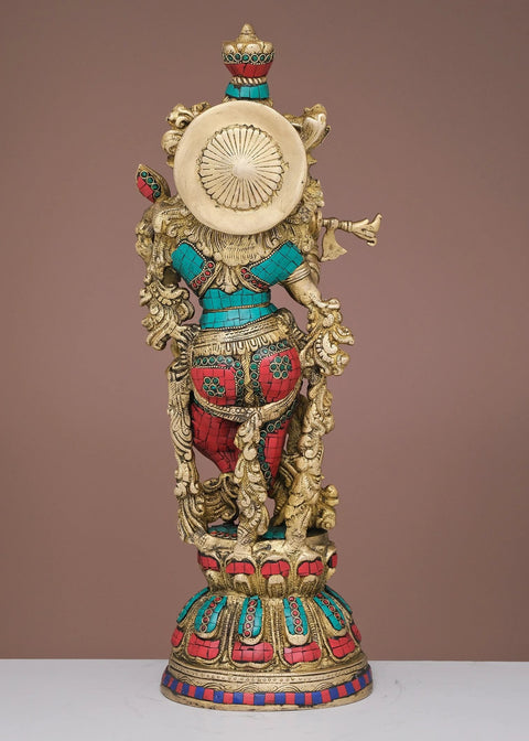 20" Brass Fluting Krishna with Inlay Work | Handmade
