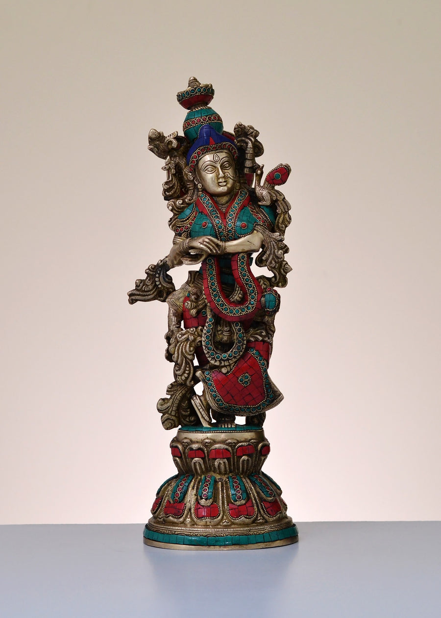 20" Handmade Brass Goddess Radha Statue with Inlay Work