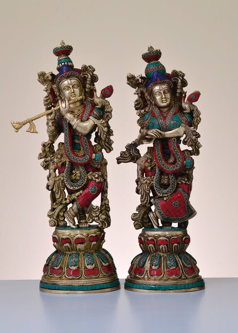 20" Brass Radha Krishna with Inlay Work | Handmade