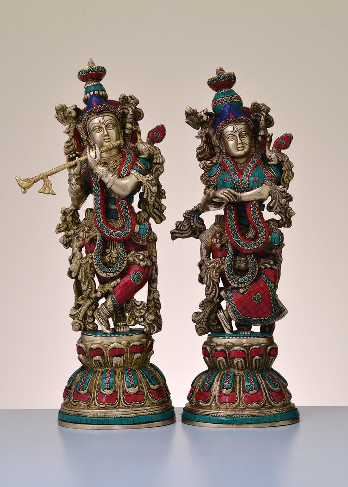 20" Handmade Brass Radha Krishna Statue with Inlay Work