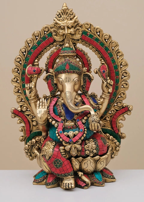 15" Brass Lord Ganesha Seated on Lotus with Arch | Handmade