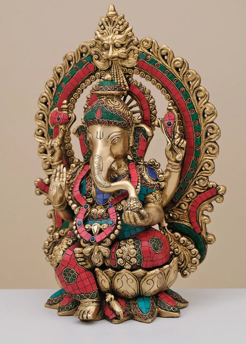 15" Brass Lord Ganesha Seated on Lotus with Arch | Handmade